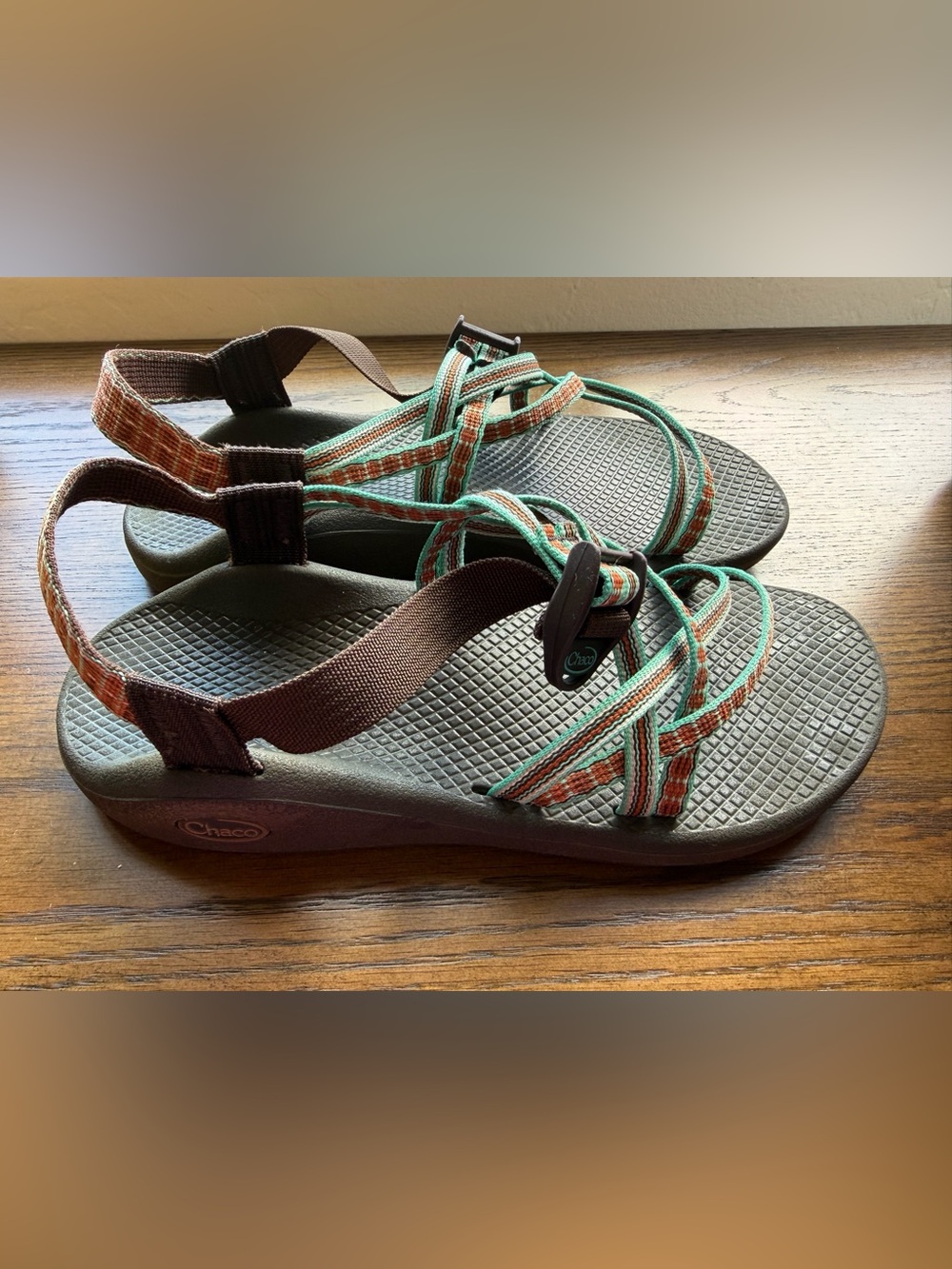 Chaco Women's Sandals in Brown with Mint and Orange Straps